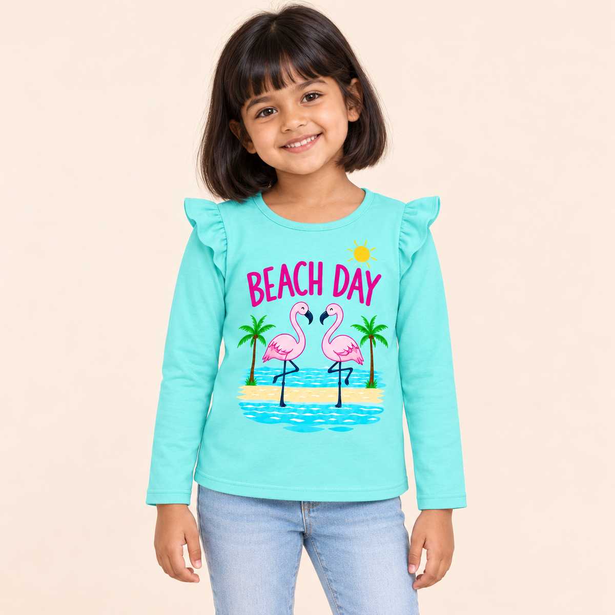 Girls' Aqua Beach Day Flamingo Printed Ruffle Shoulder Full Sleeve Top - front model view