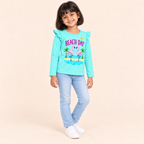 Girls' Aqua Beach Day Flamingo Printed Ruffle Shoulder Full Sleeve Top - full length model view