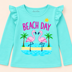 Girls' Aqua Beach Day Flamingo Printed Ruffle Shoulder Full Sleeve Top - print and neckline detail