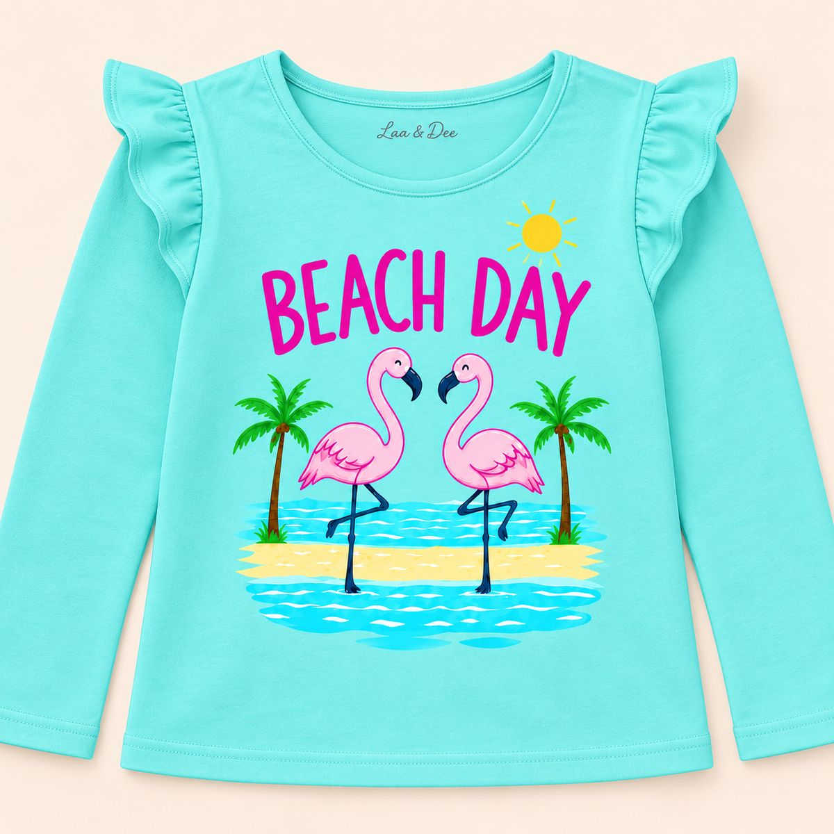 Girls' Aqua Beach Day Flamingo Printed Ruffle Shoulder Full Sleeve Top - print and neckline detail