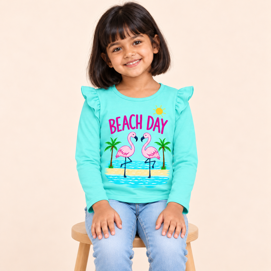Girls' Aqua Beach Day Flamingo Printed Ruffle Shoulder Full Sleeve Top - seated model view