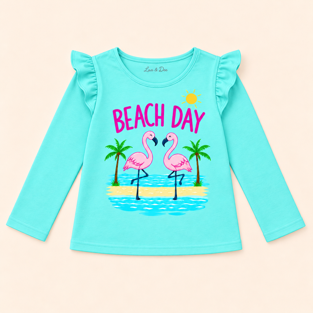 Girls' Aqua Beach Day Flamingo Printed Ruffle Shoulder Full Sleeve Top - full garment flat lay