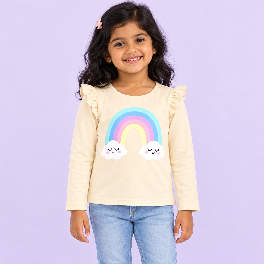 Girls' Cream Rainbow Clouds Printed Ruffle Shoulder Full Sleeve Top - front model view