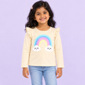 Girls' Cream Rainbow Clouds Printed Ruffle Shoulder Full Sleeve Top - front model view