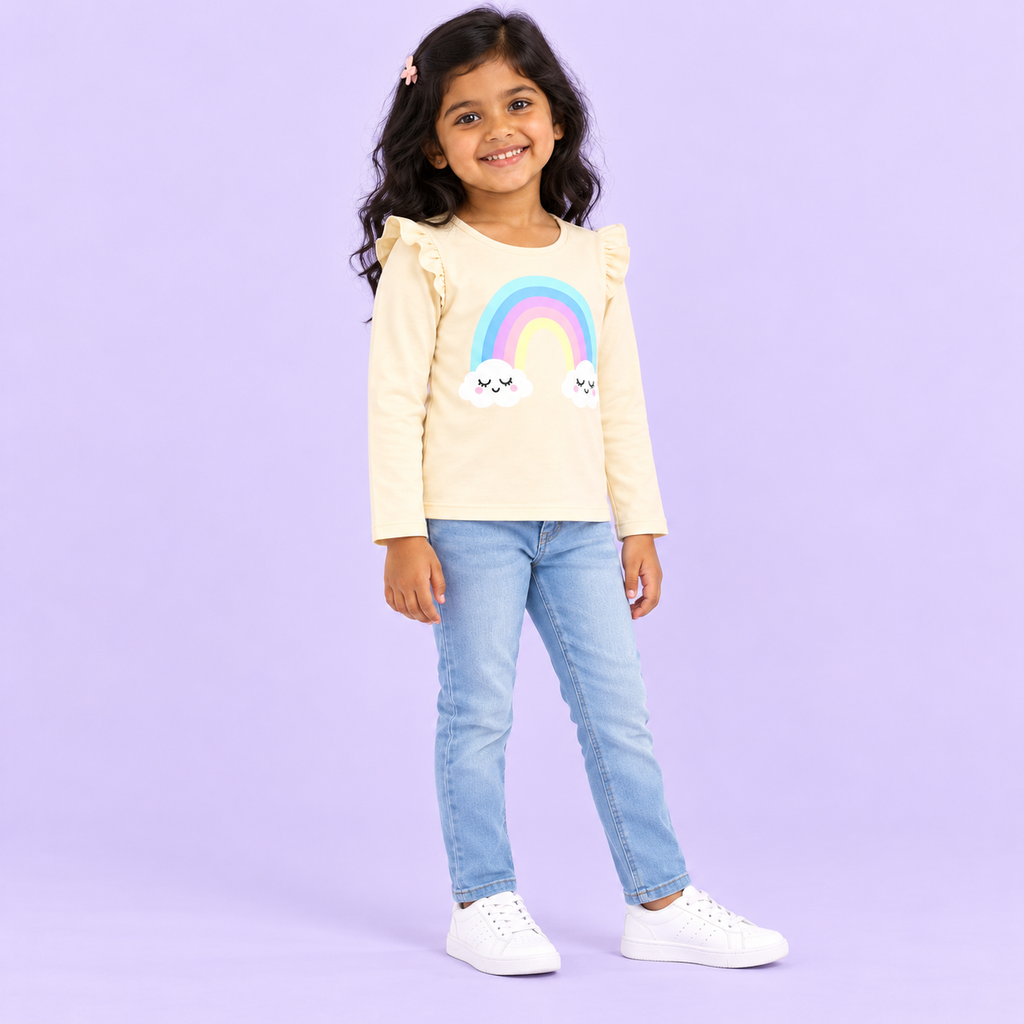 Girls' Cream Rainbow Clouds Printed Ruffle Shoulder Full Sleeve Top - full length model view
