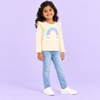 Girls' Cream Rainbow Clouds Printed Ruffle Shoulder Full Sleeve Top - full length model view