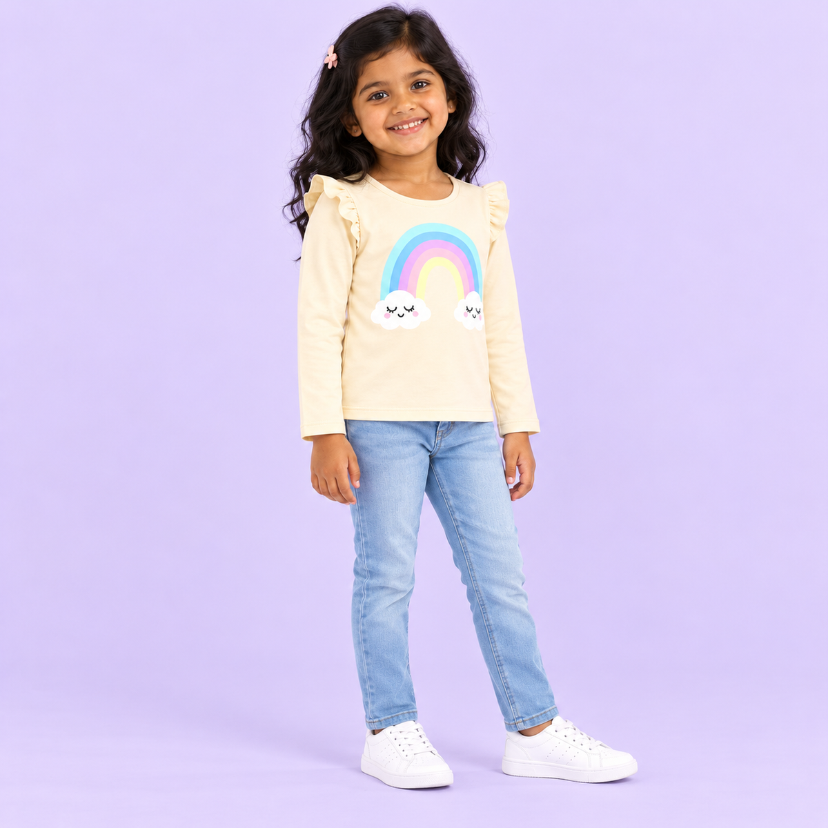 Girls' Cream Rainbow Clouds Printed Ruffle Shoulder Full Sleeve Top - full length model view