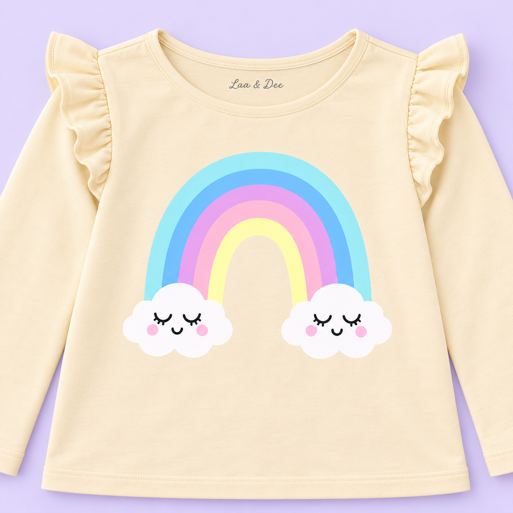 Girls' Cream Rainbow Clouds Printed Ruffle Shoulder Full Sleeve Top - print and neckline detail