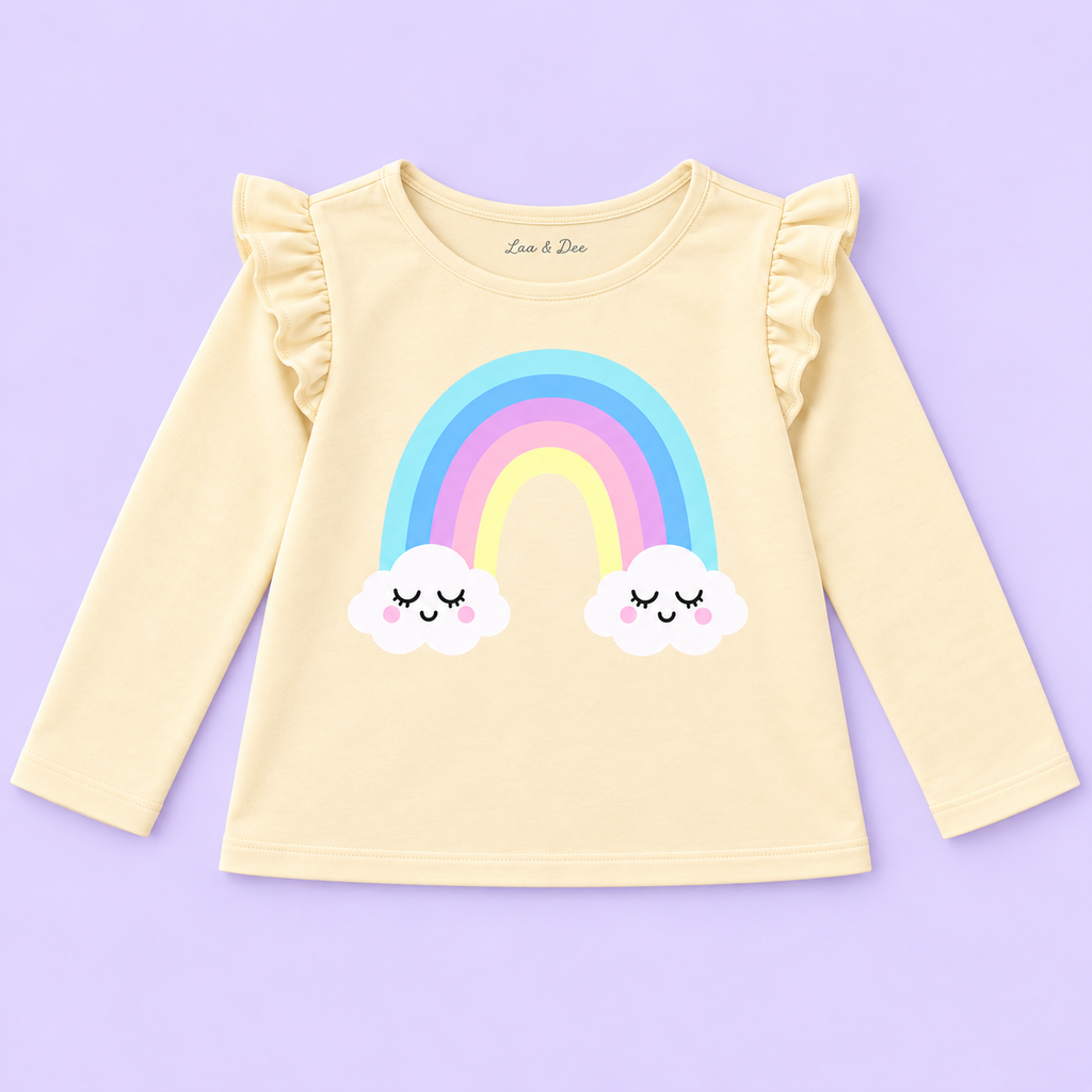 Girls' Cream Rainbow Clouds Printed Ruffle Shoulder Full Sleeve Top - full garment flat lay