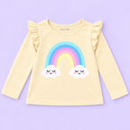 Girls' Cream Rainbow Clouds Printed Ruffle Shoulder Full Sleeve Top - full garment flat lay