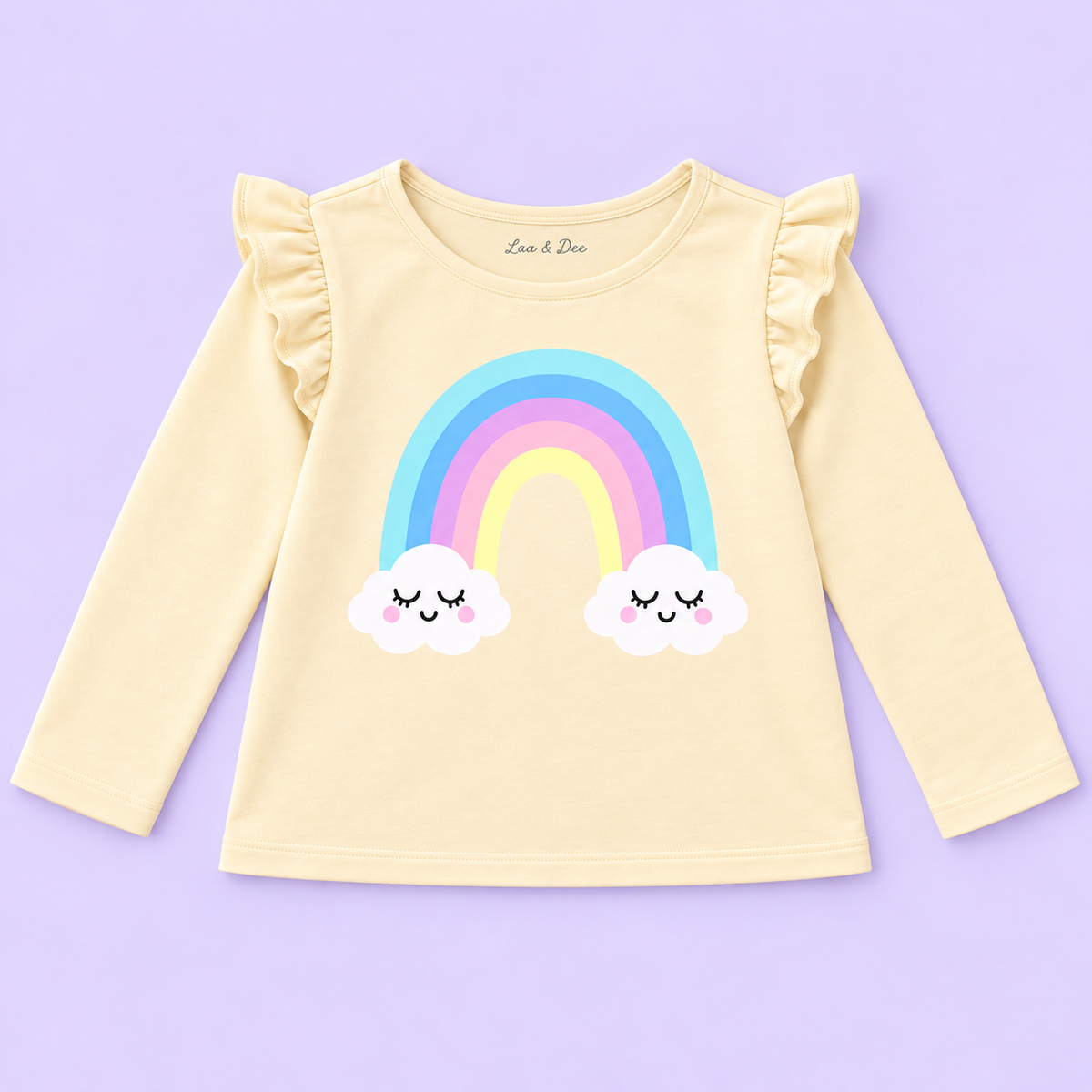 Girls' Cream Rainbow Clouds Printed Ruffle Shoulder Full Sleeve Top - full garment flat lay