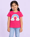 Girls' Pink Rainbow Clouds Printed Short Sleeve T-Shirt - front model view