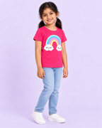 Girls' Pink Rainbow Clouds Printed Short Sleeve T-Shirt - full length angled model view