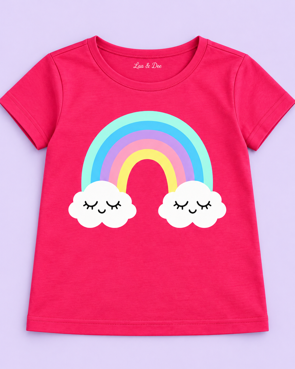 Girls' Pink Rainbow Clouds Printed Short Sleeve T-Shirt - neckline and rainbow print detail