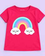 Girls' Pink Rainbow Clouds Printed Short Sleeve T-Shirt - neckline and rainbow print detail