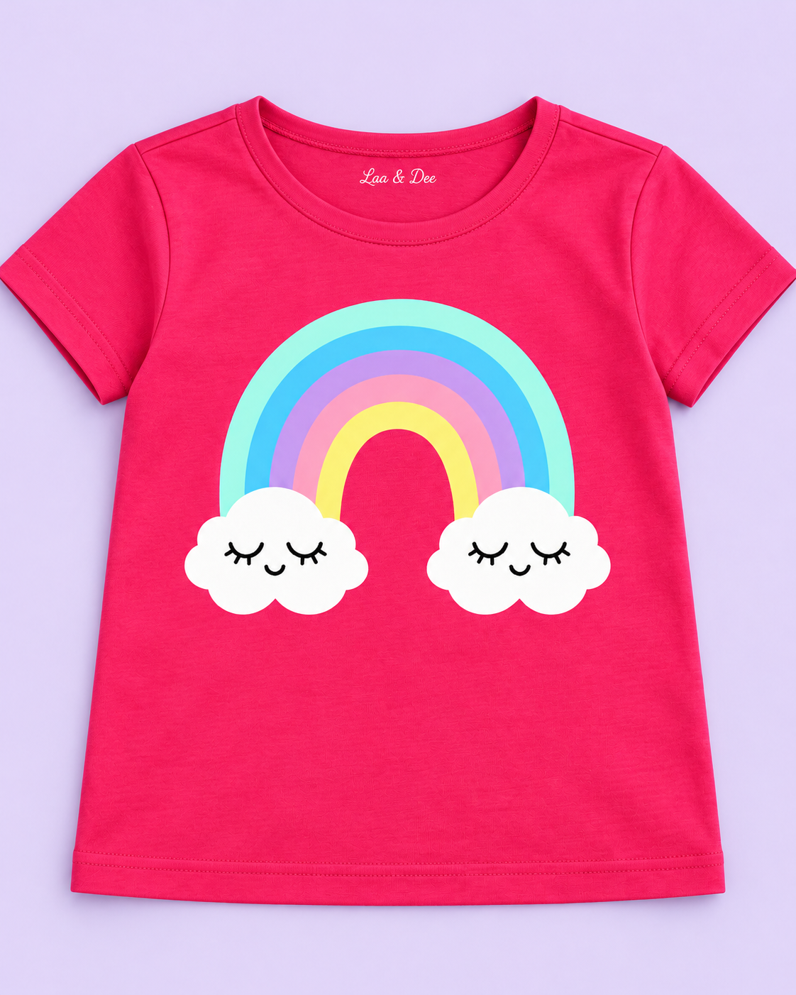 Girls' Pink Rainbow Clouds Printed Short Sleeve T-Shirt - neckline and rainbow print detail