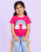 Girls' Pink Rainbow Clouds Printed Short Sleeve T-Shirt - seated model view