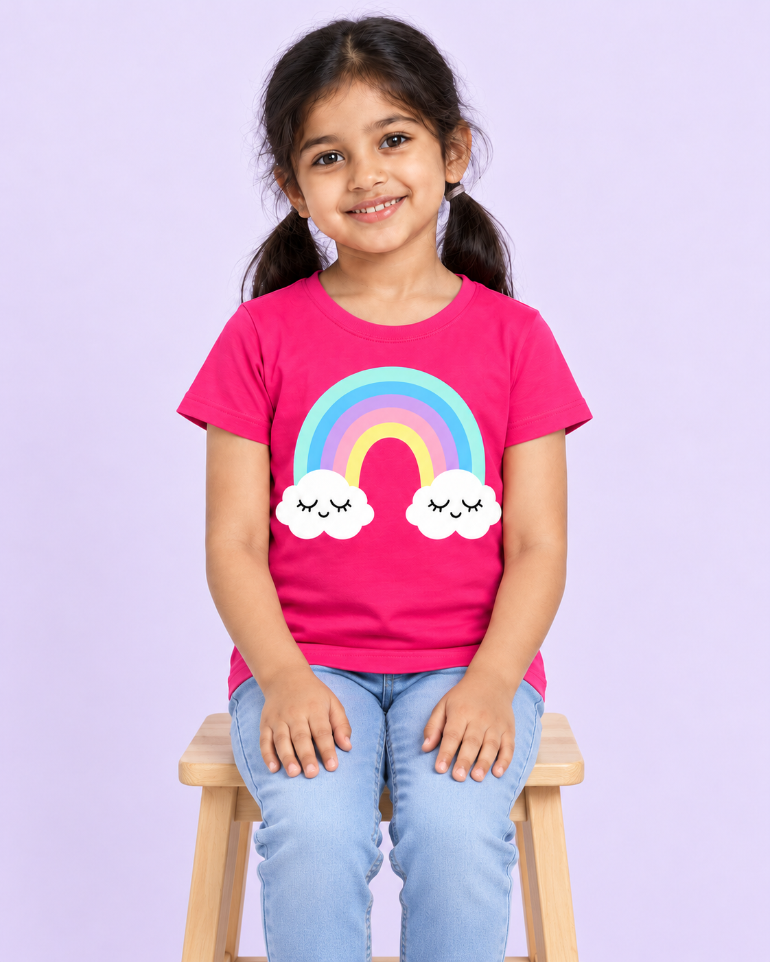 Girls' Pink Rainbow Clouds Printed Short Sleeve T-Shirt - seated model view