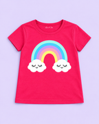 Girls' Pink Rainbow Clouds Printed Short Sleeve T-Shirt - complete flat lay