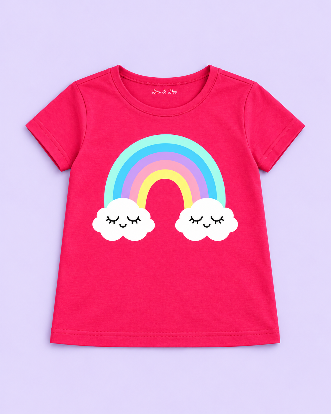 Girls' Pink Rainbow Clouds Printed Short Sleeve T-Shirt - complete flat lay