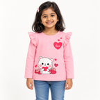 Girls' Pink Teddy Heart Printed Ruffle Shoulder Full Sleeve Top — front model view #colour:pink