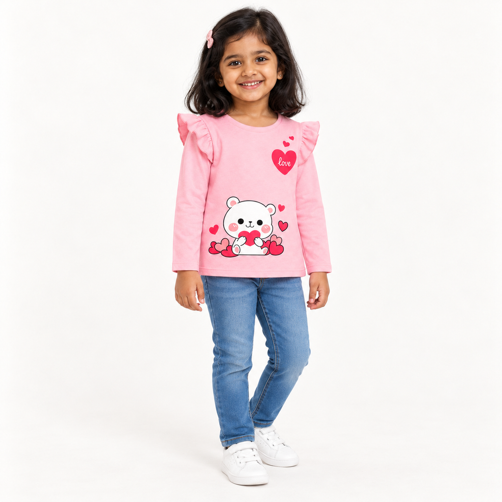 Girls' Pink Teddy Heart Ruffle Shoulder Full Sleeve Top – Laa & Dee apparel