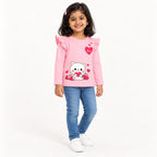 Girls' Pink Teddy Heart Printed Ruffle Shoulder Full Sleeve Top — full outfit view #colour:pink