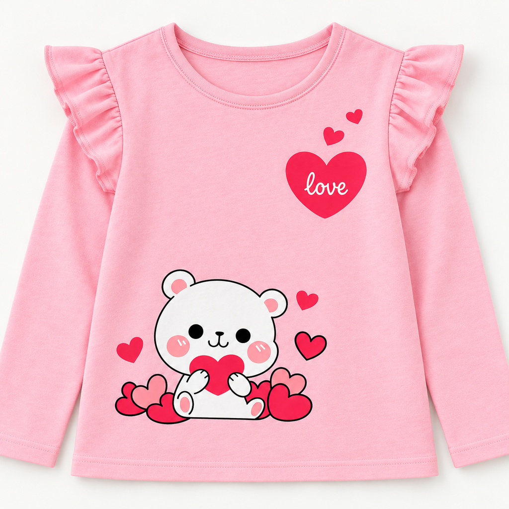Girls' Pink Teddy Heart Ruffle Shoulder Full Sleeve Top – Laa & Dee apparel