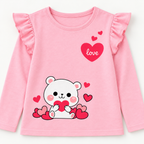 Girls' Pink Teddy Heart Printed Ruffle Shoulder Full Sleeve Top — print and ruffle detail #colour:pink