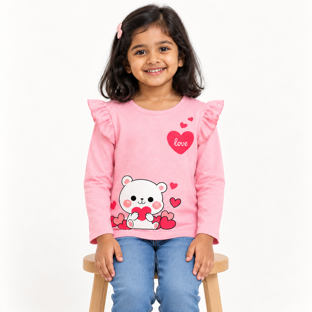 Girls' Pink Teddy Heart Ruffle Shoulder Full Sleeve Top – Laa & Dee apparel