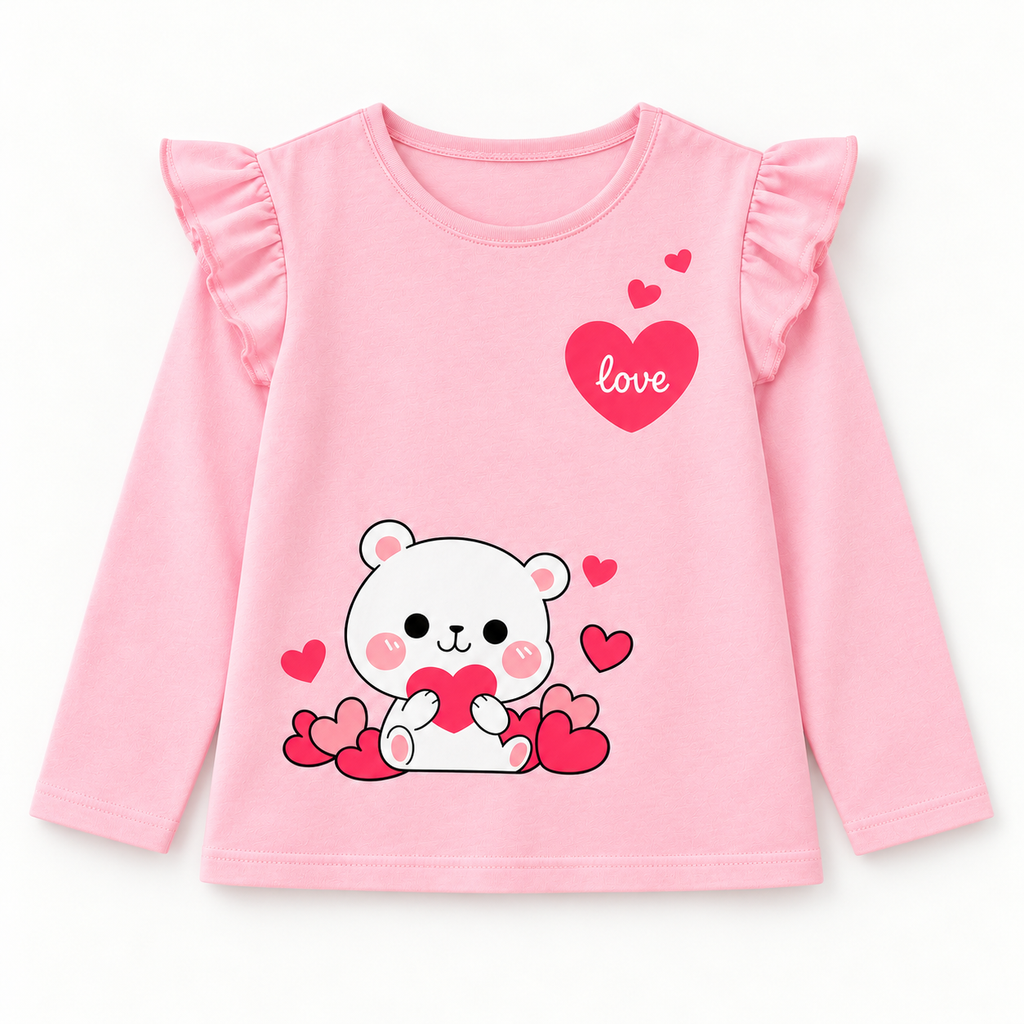 Kid Lock Icon Girls' Pink Teddy Heart Ruffle Shoulder Full Sleeve Top – Laa & Dee apparel