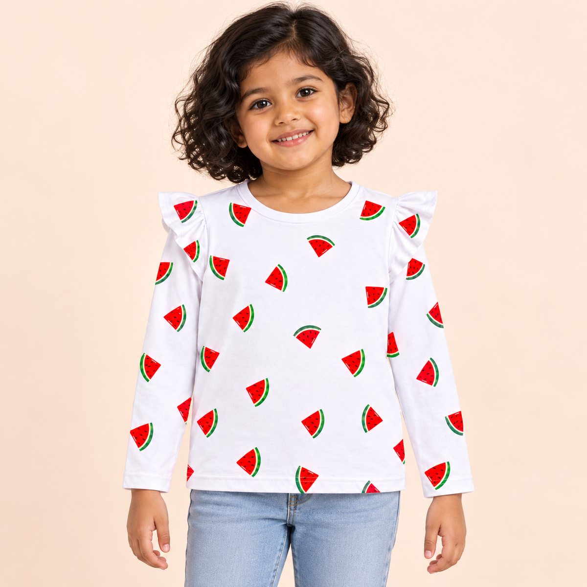 Girls' White Watermelon Printed Ruffle Shoulder Full Sleeve Top - front model view