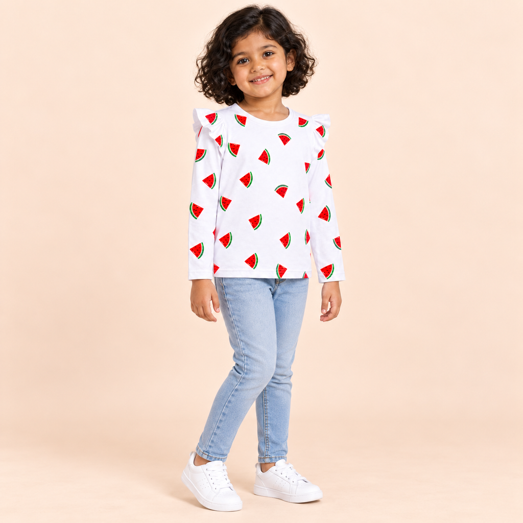 Girls' White Watermelon Printed Ruffle Shoulder Full Sleeve Top - full length model view