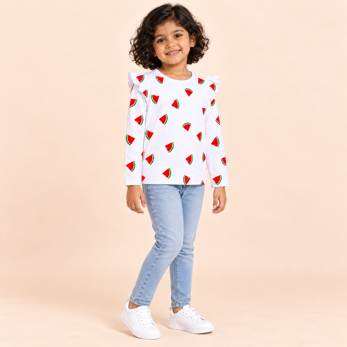 Girls' White Watermelon Printed Ruffle Shoulder Full Sleeve Top - full length model view