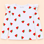 Girls' White Watermelon Printed Ruffle Shoulder Full Sleeve Top - print and neckline detail