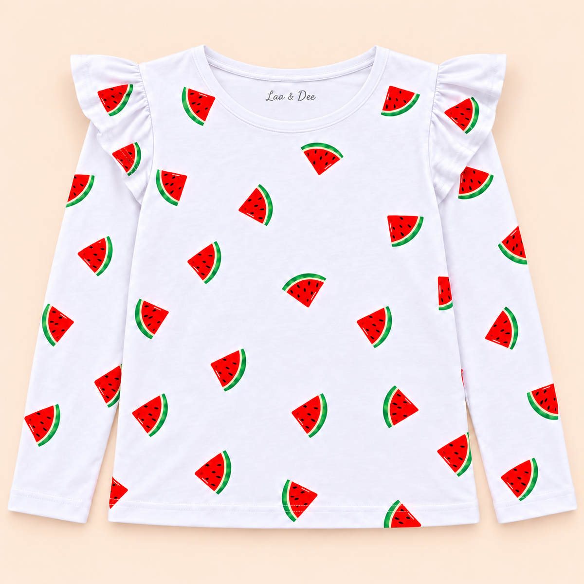 Girls' White Watermelon Printed Ruffle Shoulder Full Sleeve Top - print and neckline detail