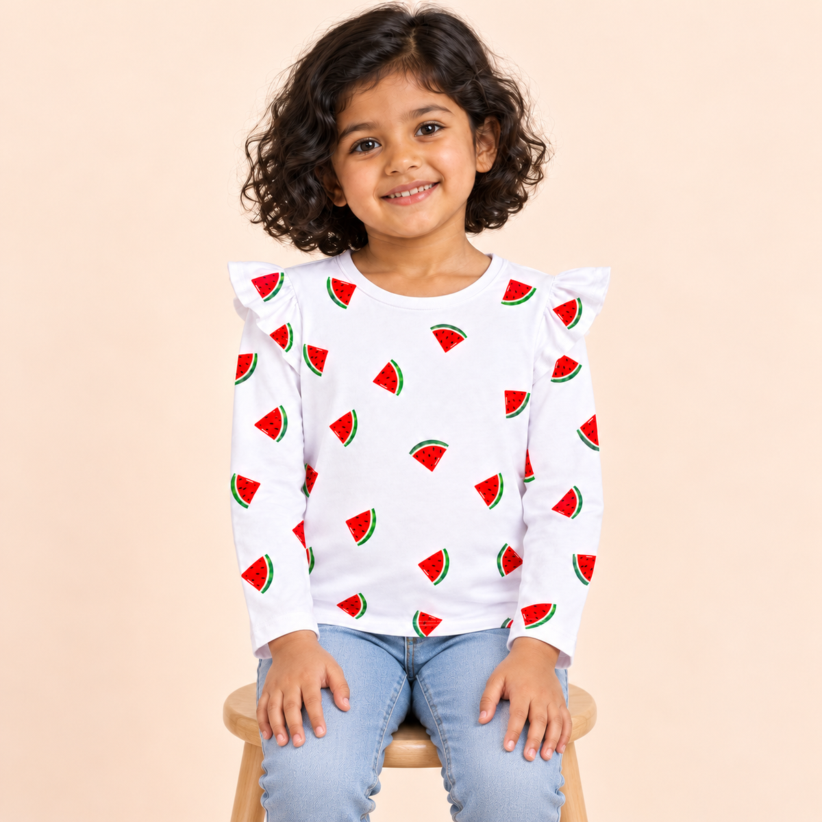 Girls' White Watermelon Printed Ruffle Shoulder Full Sleeve Top - seated model view