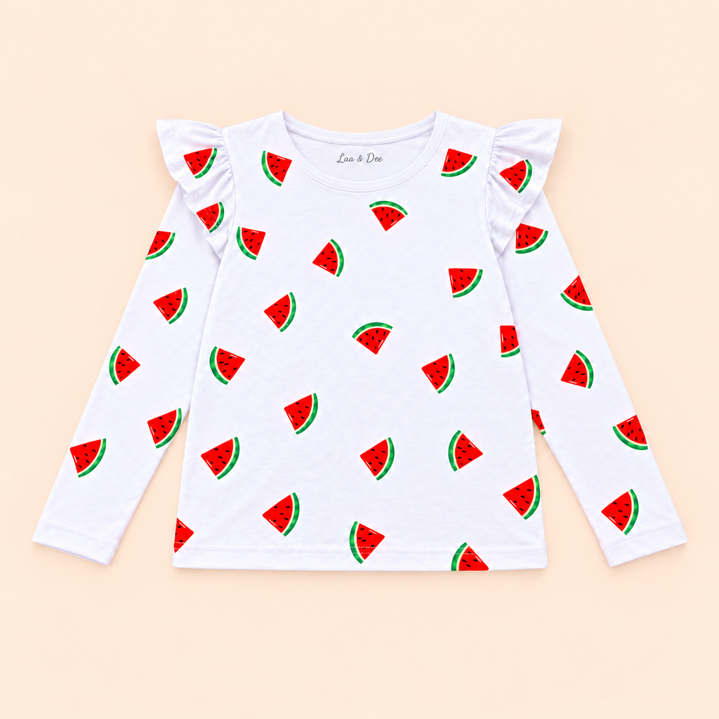 Girls' White Watermelon Printed Ruffle Shoulder Full Sleeve Top - full garment flat lay