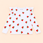 Girls' White Watermelon Printed Ruffle Shoulder Full Sleeve Top - full garment flat lay