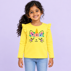 Girls' Yellow Unicorn Cat Printed Ruffle Shoulder Full Sleeve Top - front model view