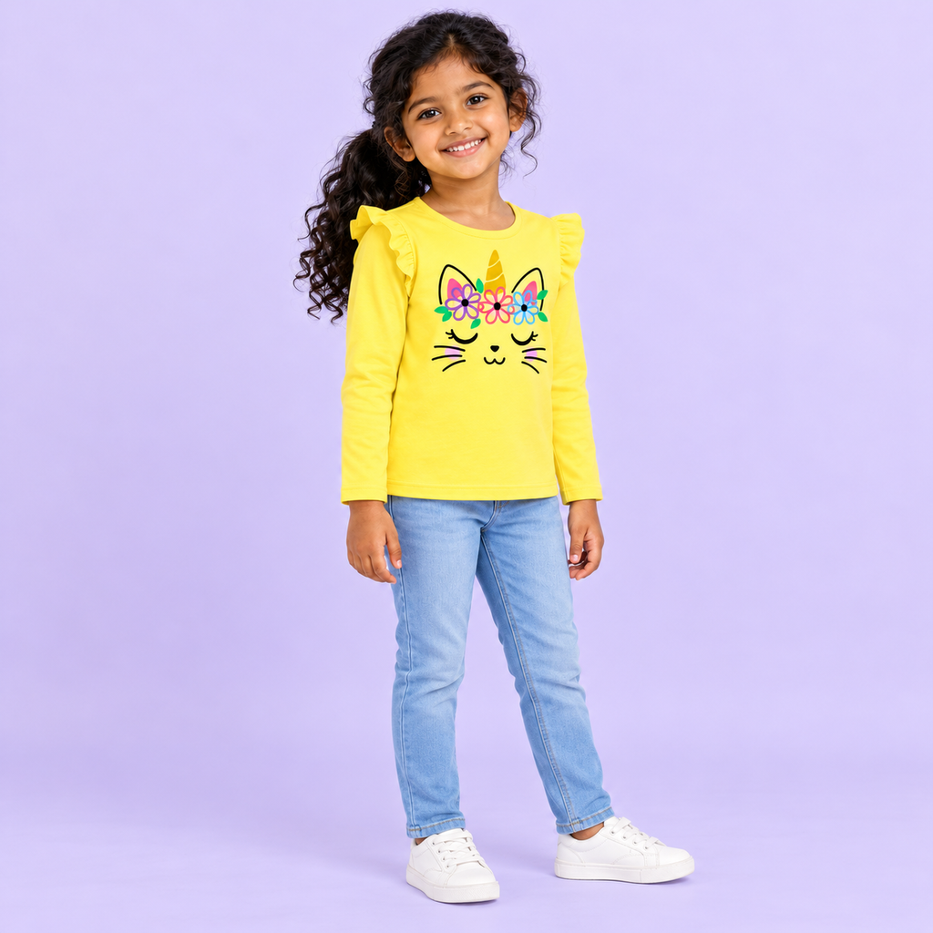 Girls' Yellow Unicorn Cat Printed Ruffle Shoulder Full Sleeve Top - full length model view