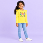 Girls' Yellow Unicorn Cat Printed Ruffle Shoulder Full Sleeve Top - full length model view