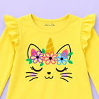 Girls' Yellow Unicorn Cat Printed Ruffle Shoulder Full Sleeve Top - print and neckline detail