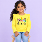 Girls' Yellow Unicorn Cat Printed Ruffle Shoulder Full Sleeve Top - seated model view