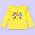 Girls' Yellow Unicorn Cat Printed Ruffle Shoulder Full Sleeve Top - full garment flat lay