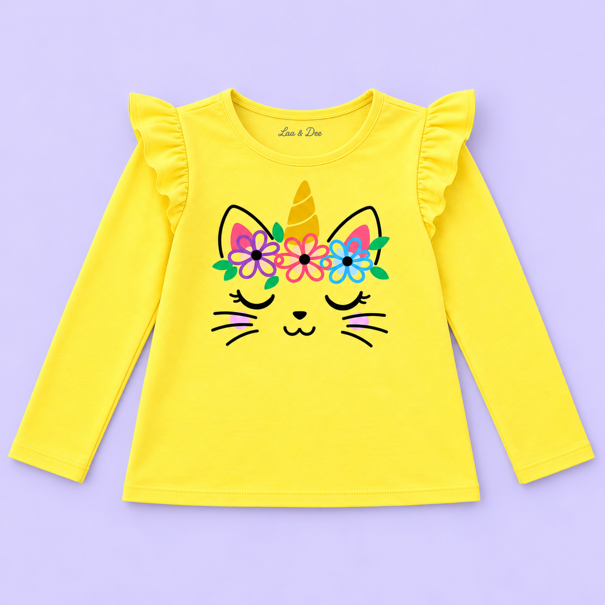 Girls' Yellow Unicorn Cat Printed Ruffle Shoulder Full Sleeve Top - full garment flat lay