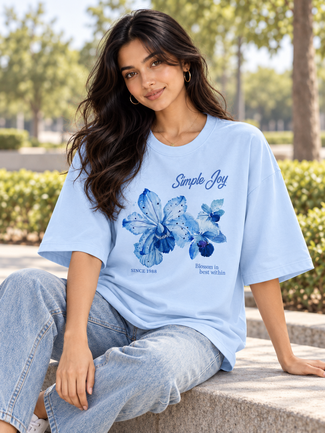 Lite Blue Printed Oversized T-shirt