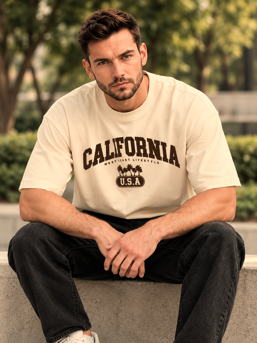 Cream Printed Oversized T-shirt