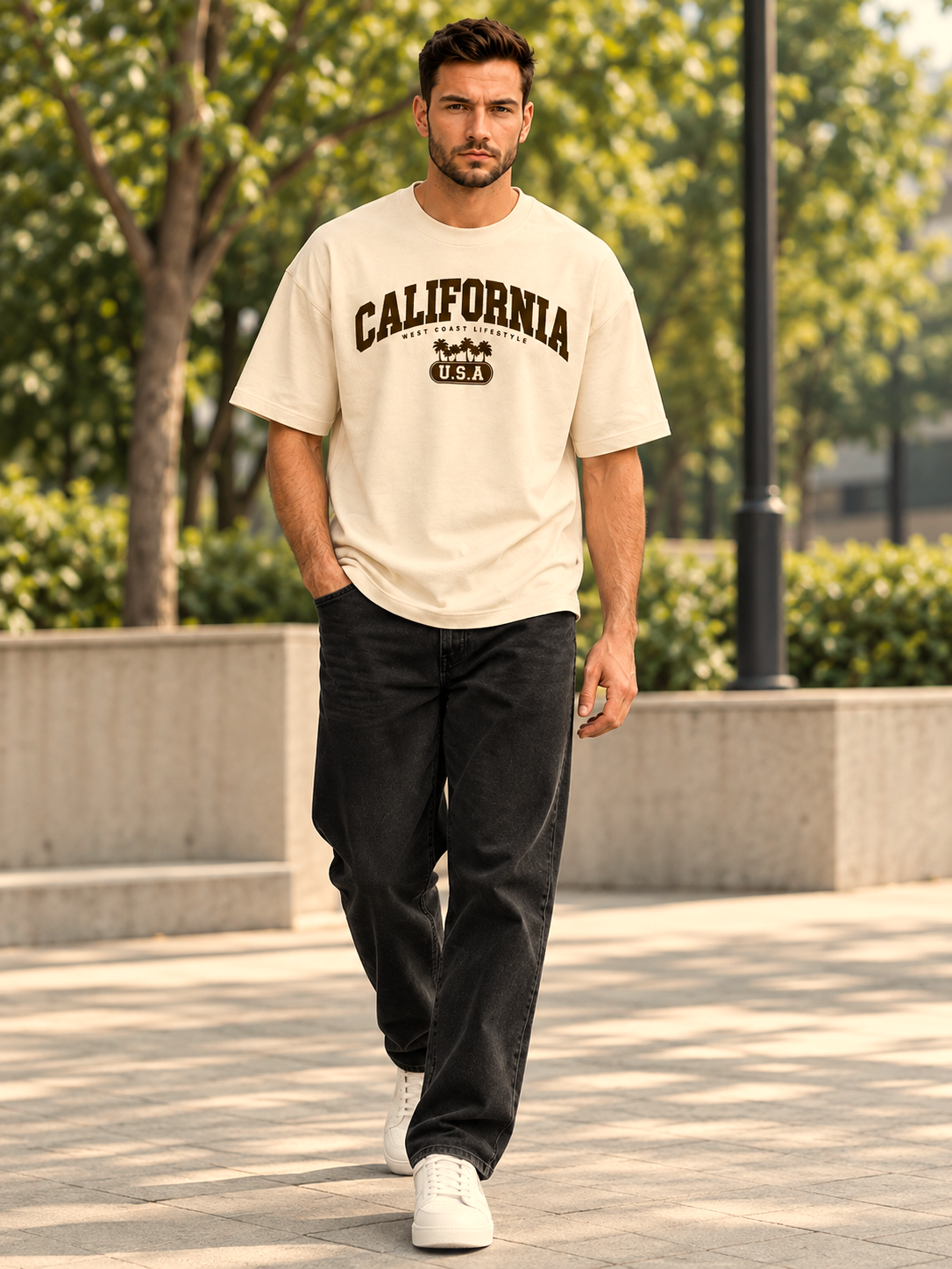 Cream Printed Oversized T-shirt