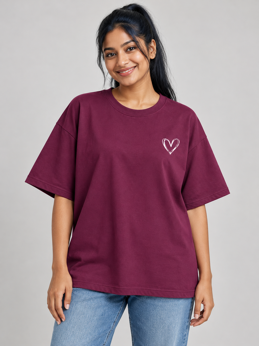 mini heart wine oversized T-shirt — front model view #colour:wine